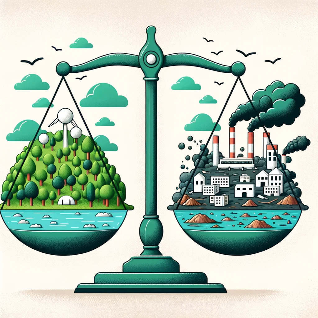 An illustration showing the balance between a healthy environment and a polluted one due to non-compliance.